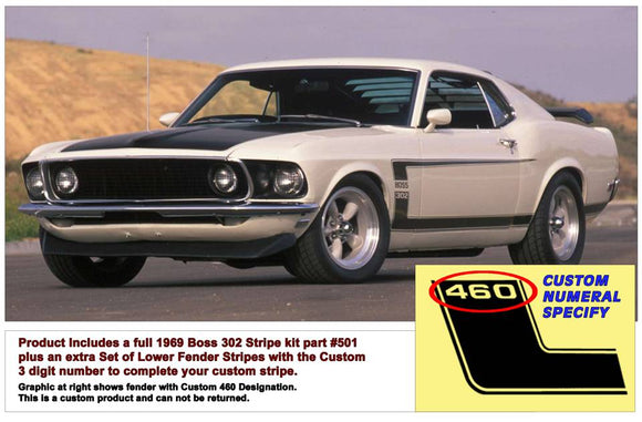 1969 Mustang Boss 302 Side and Trunk Stripe Decal Kit - Custom Numeral