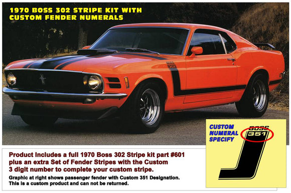 1970 Boss 302 Mustang Complete Stripe Decal Kit with Custom Fender Numerals