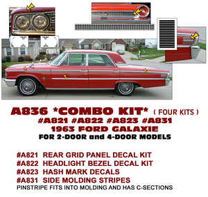 1963 Ford Galaxie COMBO KIT - Molding / Hash Mark / Tail Panel / Headlight Decals
