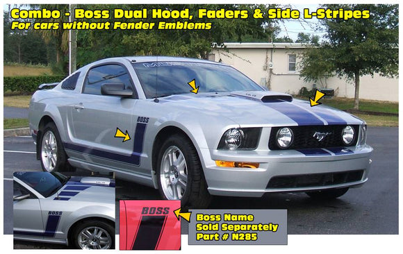 2005-09 Mustang Boss Hood with Faders and Side L-Stripe Decal Combo Kit - No Fender Emblems