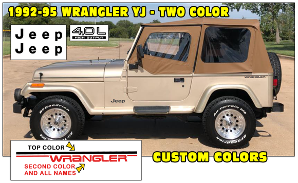 992-95 Jeep Wrangler YJ Side Stripe Decal Kit - 2 Color kit with 4.0L and Jeep names - CUSTOM