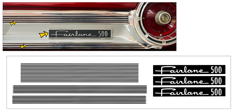 1964 Ford Fairlane 500 Tail Panel Decal Stripe Inserts