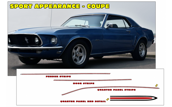 1969 1/2 Mustang Sport Appearance Mid Body Side Stripe Decal Kit - COUPE Model Only