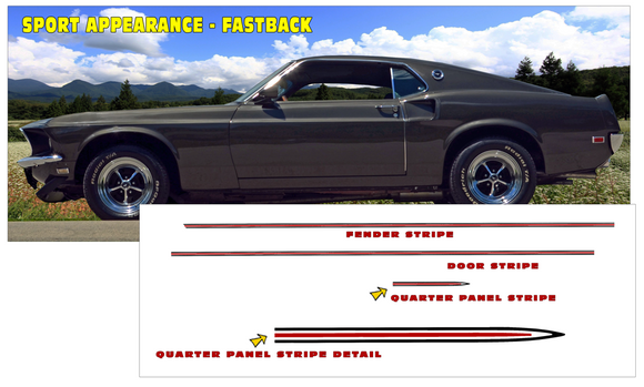 1969 1/2 Mustang Sport Appearance Mid Body Side Stripe Decal Kit - FASTBACK Model Only