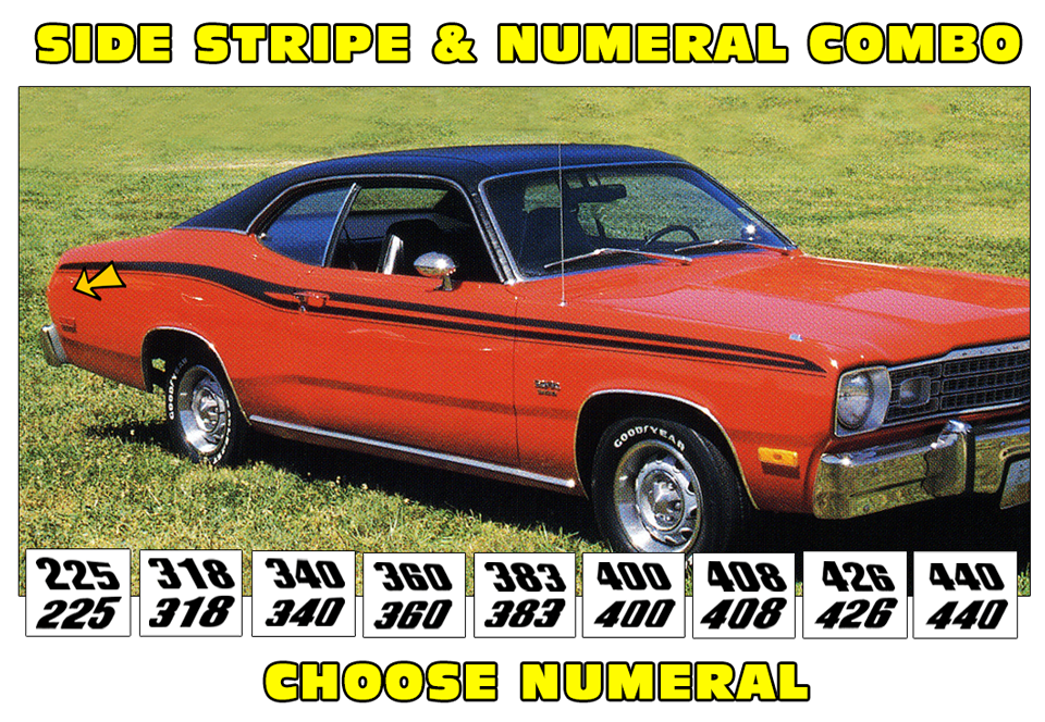 1973-74 Plymouth Duster - Side Stripe & Numeral Decal Kit - With