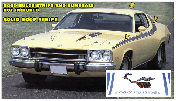 1974 Plymouth Road Runner Side & Solid Roof Stripe Decal Kit - One or Two Mirrors