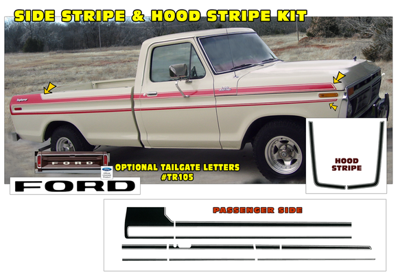 1977 Ford F100 F150 F250 Explorer Upper Body Side and Hood Stripe Decal Kit