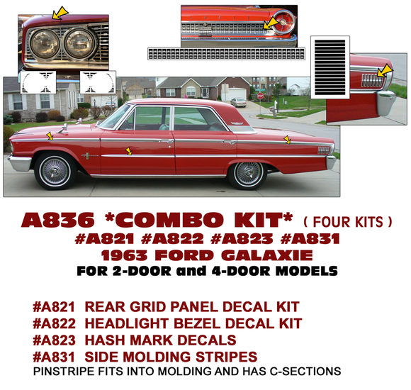 1963 Ford Galaxie COMBO KIT - Molding / Hash Mark / Tail Panel / Headlight Decals