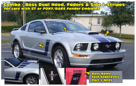 2005-09 Mustang Boss Hood with Faders and Side L-Stripe Decal Combo Kit - With Fender Emblems