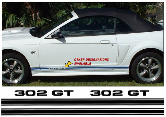 Mustang Lower Rocker Side Stripes Decal - 302 GT Designation - 3-3/8