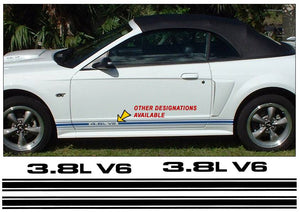 Mustang Lower Rocker Side Stripes Decal - 3.8L V6 Designation - 3-3/8" x 80"