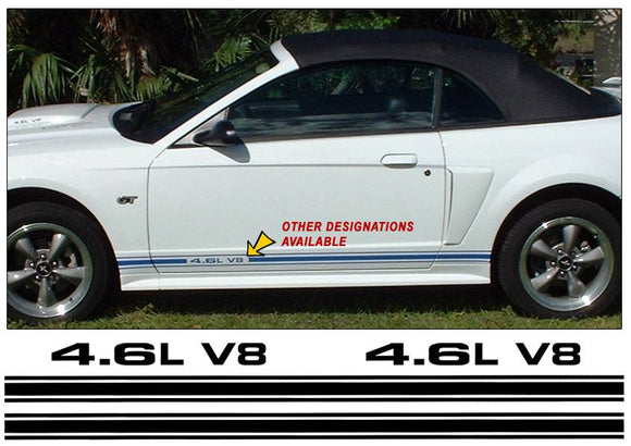 Mustang Lower Rocker Side Stripes Decal - 4.6L V8 Designation - 3-3/8