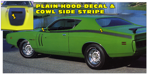 1971 Dodge R/T Charger Hood Cowl and Side Stripe Decal Kit with Hood Blackout - No Designation