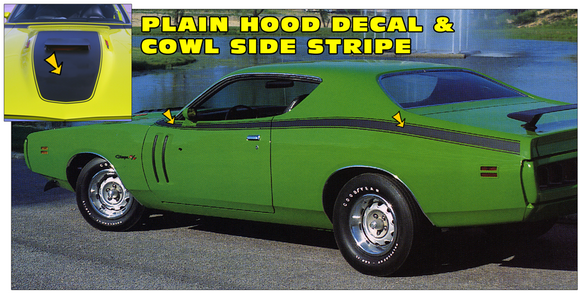 1971 Dodge R/T Charger Hood Cowl and Side Stripe Decal Kit with Hood Blackout - No Designation