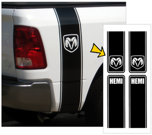 Dodge RAM HEMI Truck Split Style Vertical Bed Stripe Decal Kit - Ram Head - HEMI - 8.5" x 50"